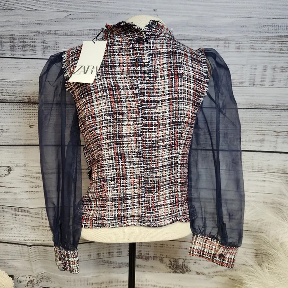 Zara Organza Puff Sleeve Tweed Plaid Blouse - Picture 5 of 6